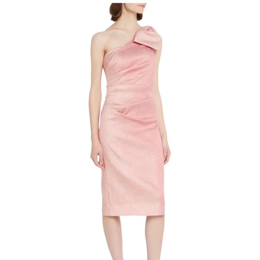 Rickie Freeman For Teri Jon Ruched One Shoulder Bow Jacquard Pink Gown Size 10 - Picture 5 of 5